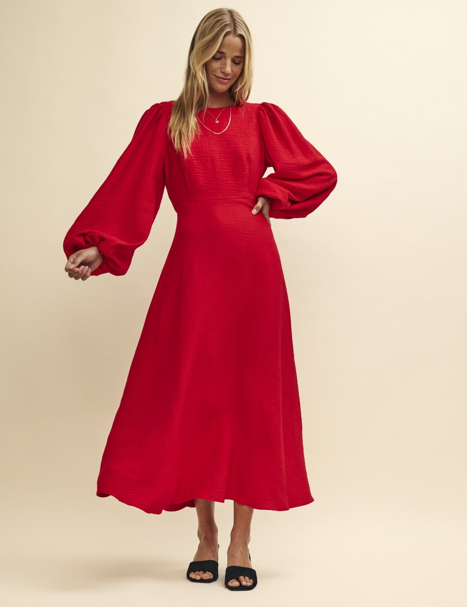 Red Linen-blend Balloon Sleeve Zora Midaxi Dress | Nobody's Child
