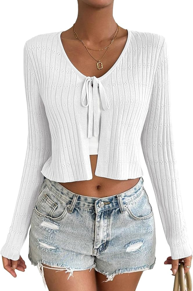 Womens Tie Front Cardigan Long Sleeve Rib Knit Shrug for Dress Sweaters Crop Tops | Amazon (US)