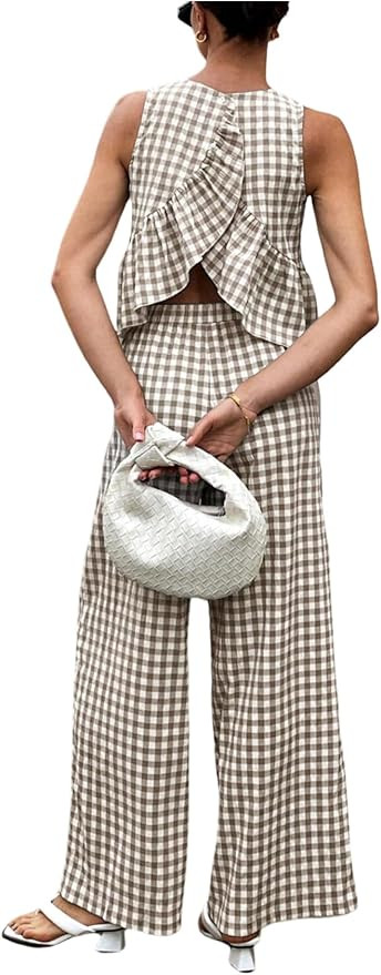 SOLY HUX Women's 2 Piece Outfits Plaid Gingham Open Back Ruffle Tops and Pants Summer Vacation Go... | Amazon (US)