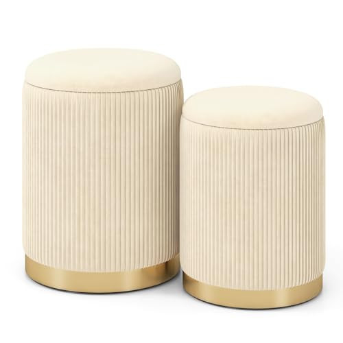 Giantex Ottoman with Storage - Set of 2 Storage Ottomans, 1 Large & 1 Small Nesting Ottoman Side Table, Upholstered Velvet Round Foot Rest Vanity Stool for Bedroom Living Room (Beige & Golden) | Amazon (US)