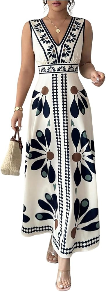 SOLY HUX Women's Summer Floral Maxi Dress V Neck Sleeveless A Line Flowy Vacation Long Dresses | Amazon (US)