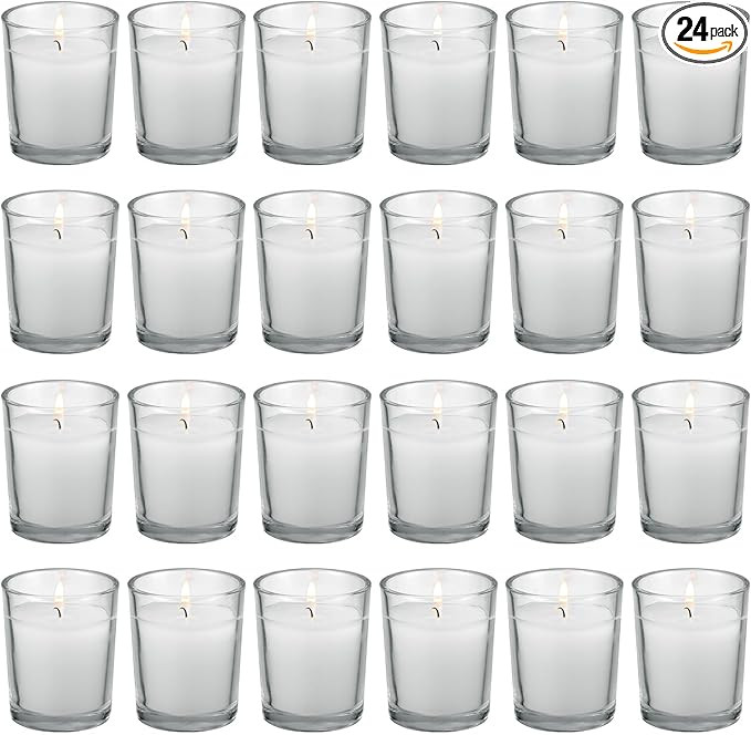 flamecan 24 Pack Clear Glass Filled White Votive Candles. Unscented Votive Candles for Home Déco... | Amazon (US)