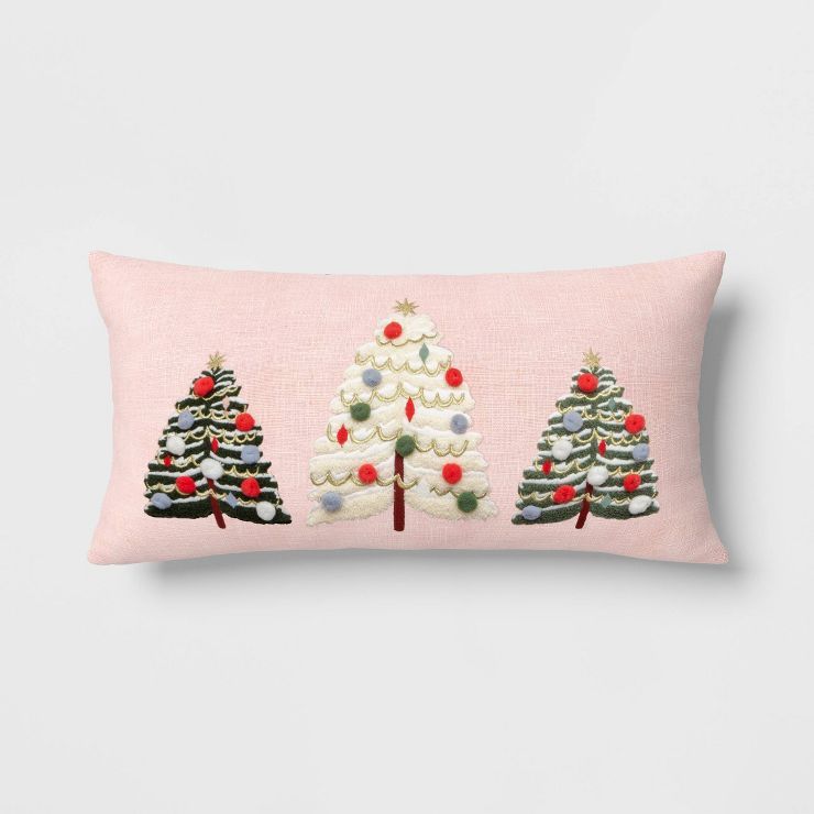 Embroidered Christmas Trees Lumbar Christmas Throw Pillow with Pom Poms - Threshold&#8482; | Target
