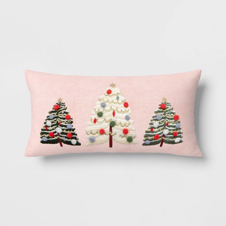 Embroidered Christmas Trees Lumbar Throw Pillow with Pom Poms - Threshold&#8482; | Target