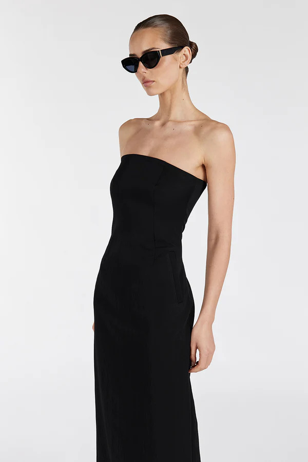 OPAL BLACK STRAPLESS MIDI DRESS | DISSH
