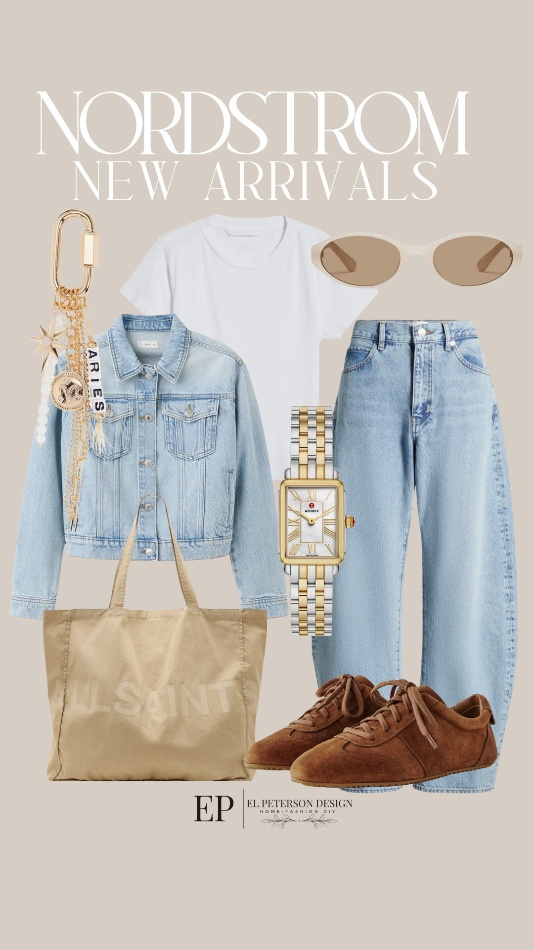 Nordstrom 
New Arrivals 
Jean jacket
Tote bag
Sneakers
Keychain
Tshirt
Watch 
Sunglasses 