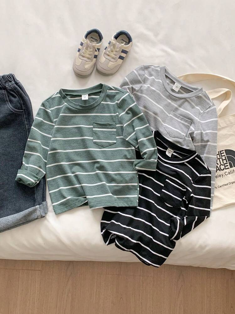 SHEIN Vintaside Kids 3pcs/Set Young Boy Striped T-Shirt, Autumn/Winter Base Layer | SHEIN