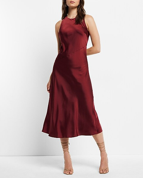Satin High Neck Slip Midi Dress | Express