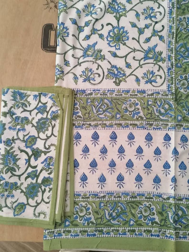 Indian Indigo Blue Flower  Design Hand Block Printed Home Stead Table Cloths Cotton With Napkins ... | Etsy (US)