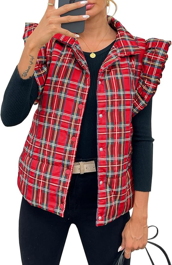 Tankaneo Womens Plaid Puffer Vests Ruffle Sleeveless Lightweight Quilted Vest Fall Winter Padded ... | Amazon (US)