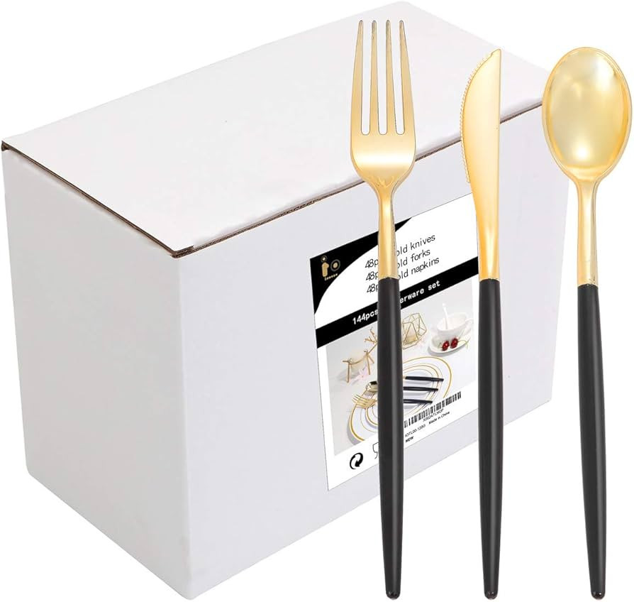 I00000 144 PCS Gold Plastic Silverware, Disposable Flatware with Black Handle, Gold Plastic Cutle... | Amazon (US)