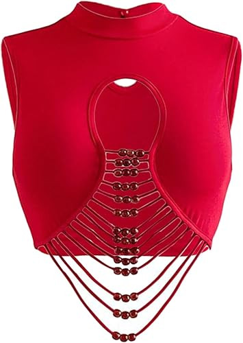 SHENHE Women's Boho Beaded Tank Crop Tops Ripped Sleeveless Mock Neck Music Festival Top | Amazon (US)