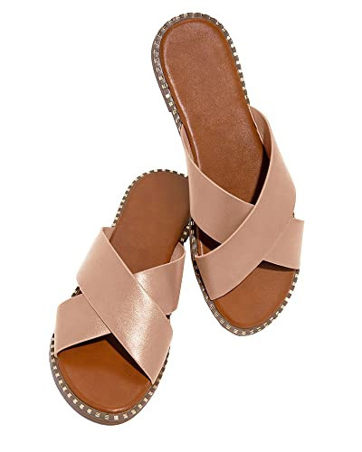 Amazon.com | JeimPoey Womens Open Toe Slides Flat Sandals Studded Slip on Crossed Strap Beach Sli... | Amazon (US)