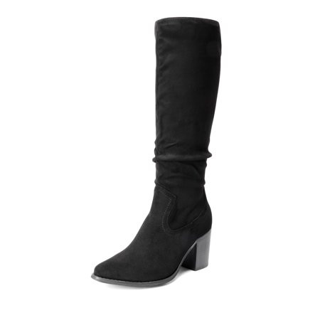 BURUDANI Women s Suede Knee High Boots Pointed Toe Comfortable Chunky Block Heel Side Zipper Riding Boots Black Size 9.5 | Walmart (US)