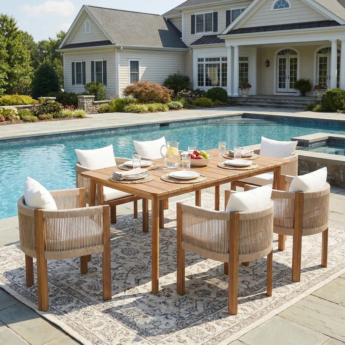Keeton 7-Piece Modern Coastal Outdoor Dining Set With Acacia Wood Table And Rope-Wrapped Chairs With Cushions

#LTKxMadewell #LTKdayinmylife #LTKmorningroutine