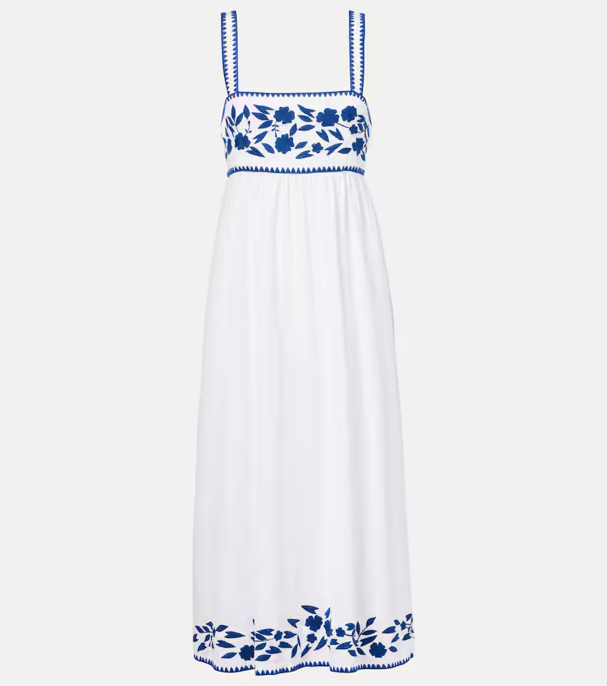 Juliet Dunn Embroidered cotton and linen midi dress | Mytheresa (US/CA)