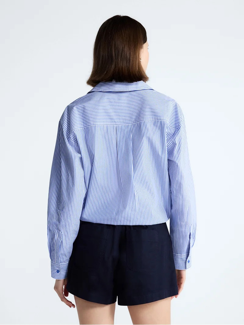 Free Assembly Women's and Women's Plus Cotton Poplin Tie Waist Shirt with Long Sleeves, Sizes XS-... | Walmart (US)