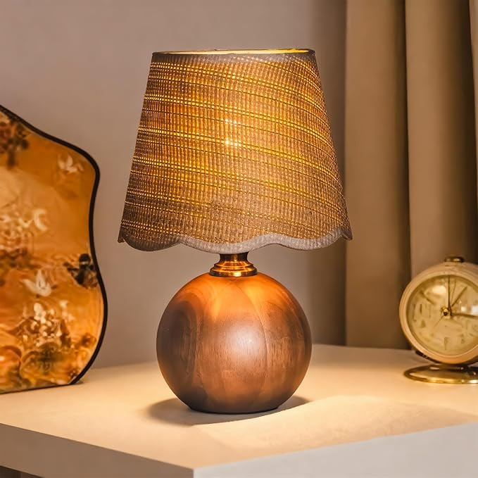 11.4" Modern Wooden Bedside Table Lamp, Small Nightstand Desk Lamp with Fabric Shade, Warm Ambien... | Amazon (US)