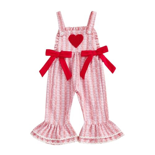 Adobabirl Toddler Baby Girl Valentines Day Outfit Overalls Love Heart Embroidery Romper Flare Pants Bell Bottom Jumpsuit (Orange, 2-3 Years) | Amazon (US)
