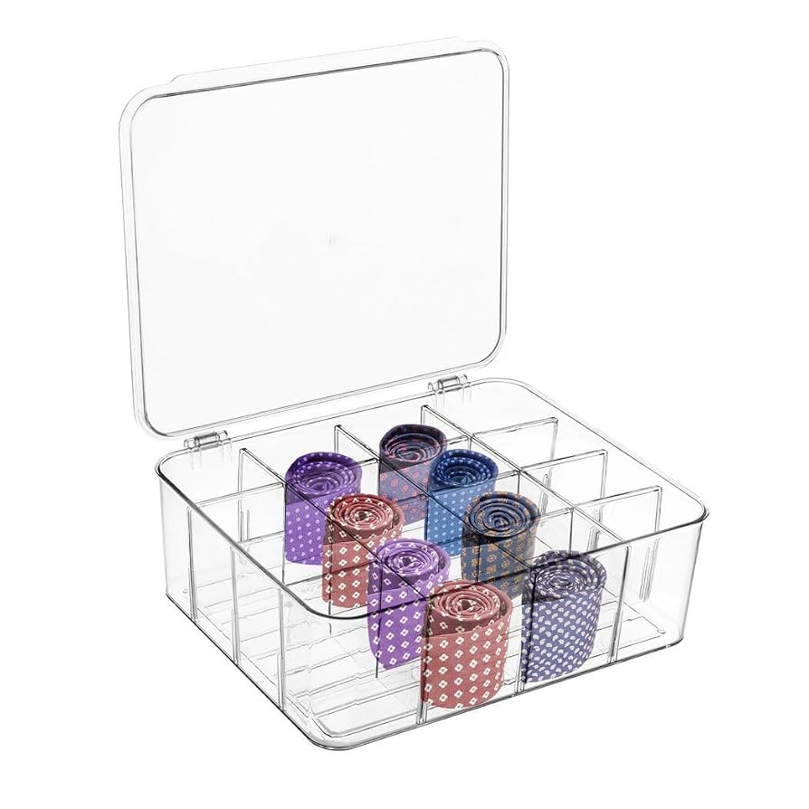 Varku Tie Organizer Box, 16-Cell Clear Tie Rack Organizer, Stackable Tie Display Rack, Drawer Clo... | Amazon (US)