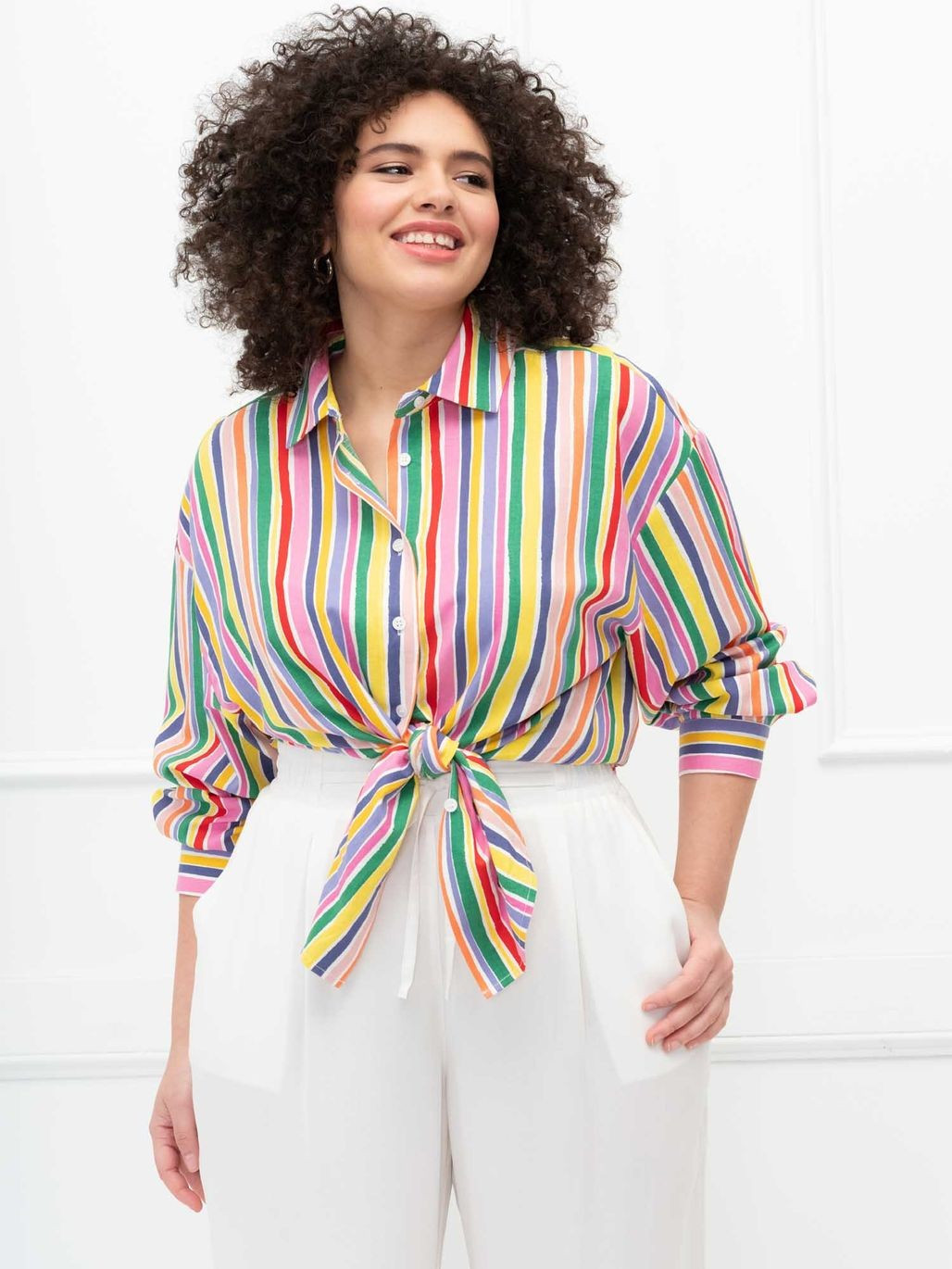 ELOQUII Elements Tie Front Button Down Shirt | Eloquii