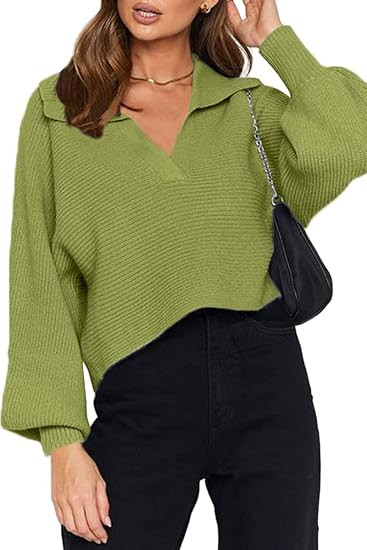 CHYRII Women Overized Puff Long Sleeve V Neck Knitted Polo Pullover Sweater Jumper Tops | Amazon (US)