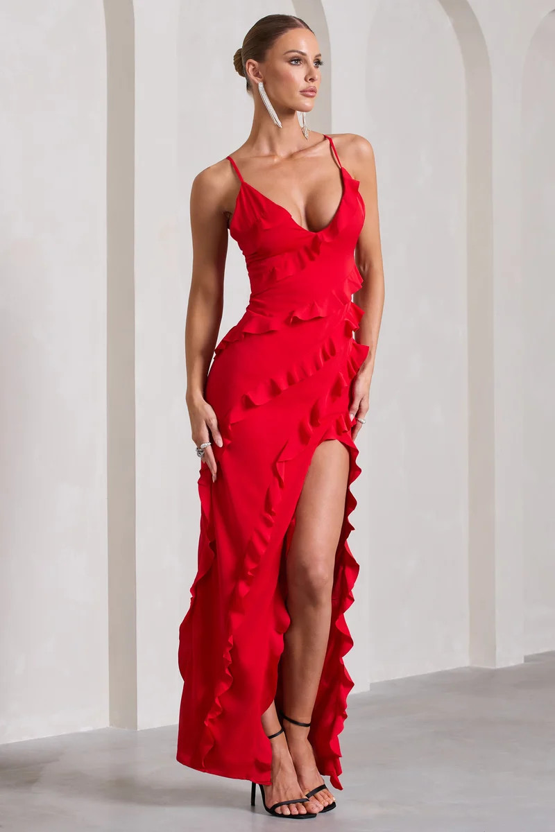 Run The World  Red Plunge Neckline Ruffle Maxi Dress | Club L London