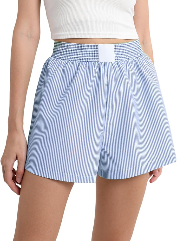 Gihuo Women's Striped Shorts Elastic High Waisted Boxer Shorts Cute Stripe Sleep Lounge Shorts Y2... | Amazon (US)
