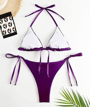 Falainetee Women's Metallic Shiny Bathing Suit High Waisted Triangle Tie Side Swimsuit Bikini Set | Amazon (US)