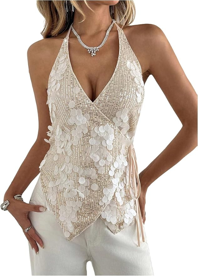 OYOANGLE Women's Sequin Sparkly Sleeveless Halter Top Wrap V Neck Side Tie Asymmetrical Party Tan... | Amazon (US)