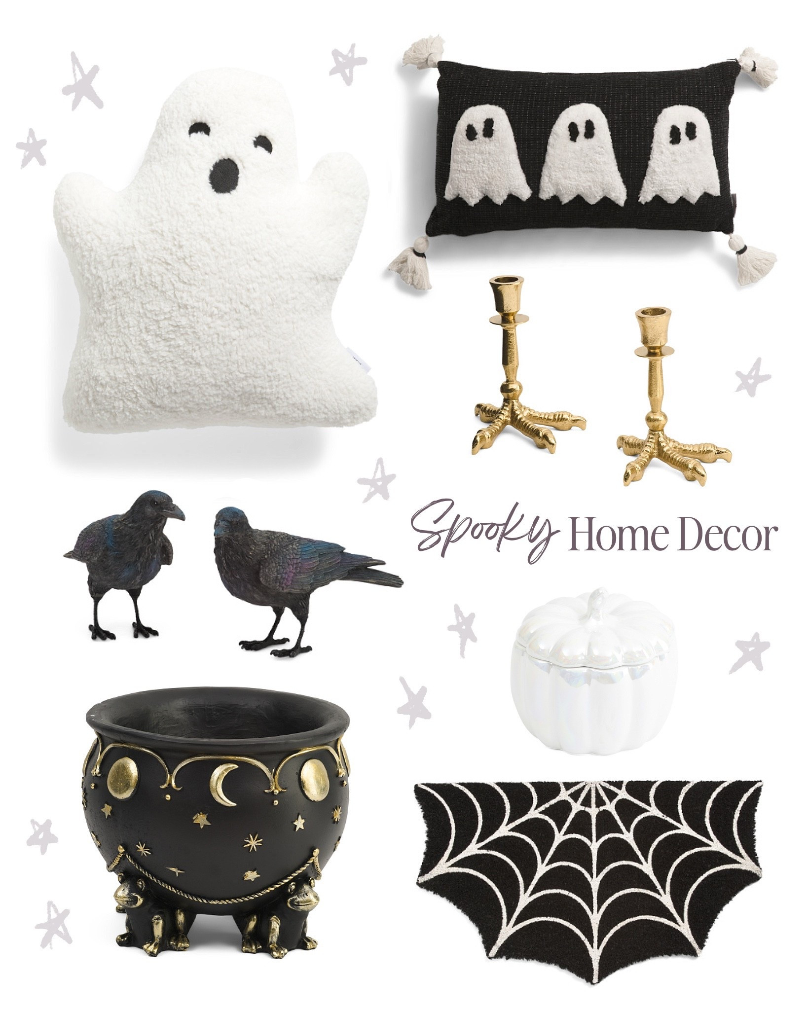 HomeGoods, TJ Maxx, Marshall’s Halloween Summerween Spooky Home Decor finds ✨ Ghost pillow, spiderweb door mat, Bella Lux Crows, crow feet gold candlesticks, gilded frog and moon cauldron, iridescent pumpkin candle

#LTKSeasonal #LTKHome #LTKFindsUnder100