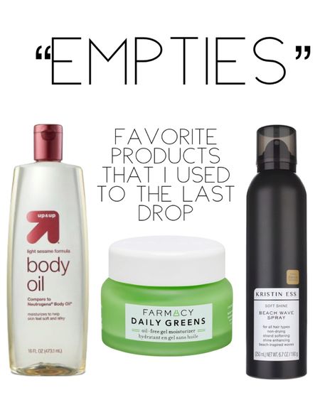 Empties - Favorite Products that I used down to the last drop & am re-buying 

1. Up and Up Body Oil 
2. Farmacy Beauty Daily Greens Moisturizer 
3. Kristin Ess Beach Wave Spray    