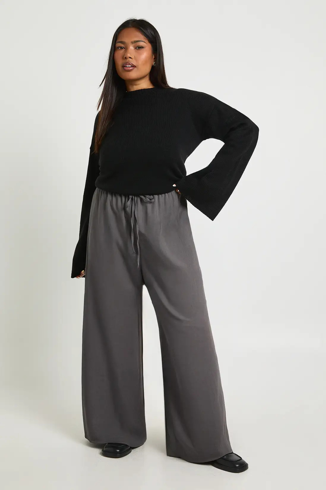 Charcoal Plus Woven Elasticated Waist Drawstring Wide Leg Trouser | Boohoo | Boohoo.com (UK & IE)