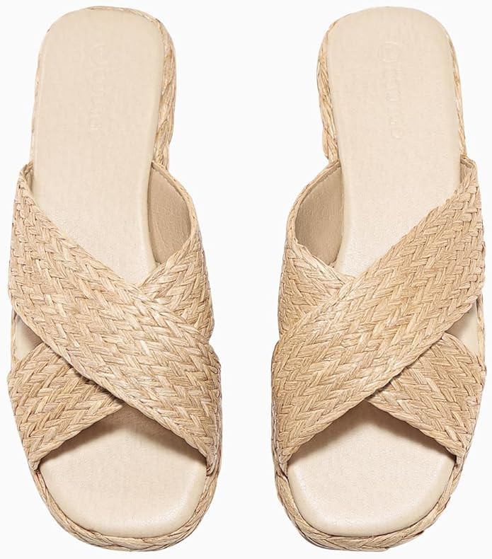 Coutgo Womens Flat Sandals Espadrilles Raffia Open Toe Slides Braided Slip On Summer Beach Shoes | Amazon (US)