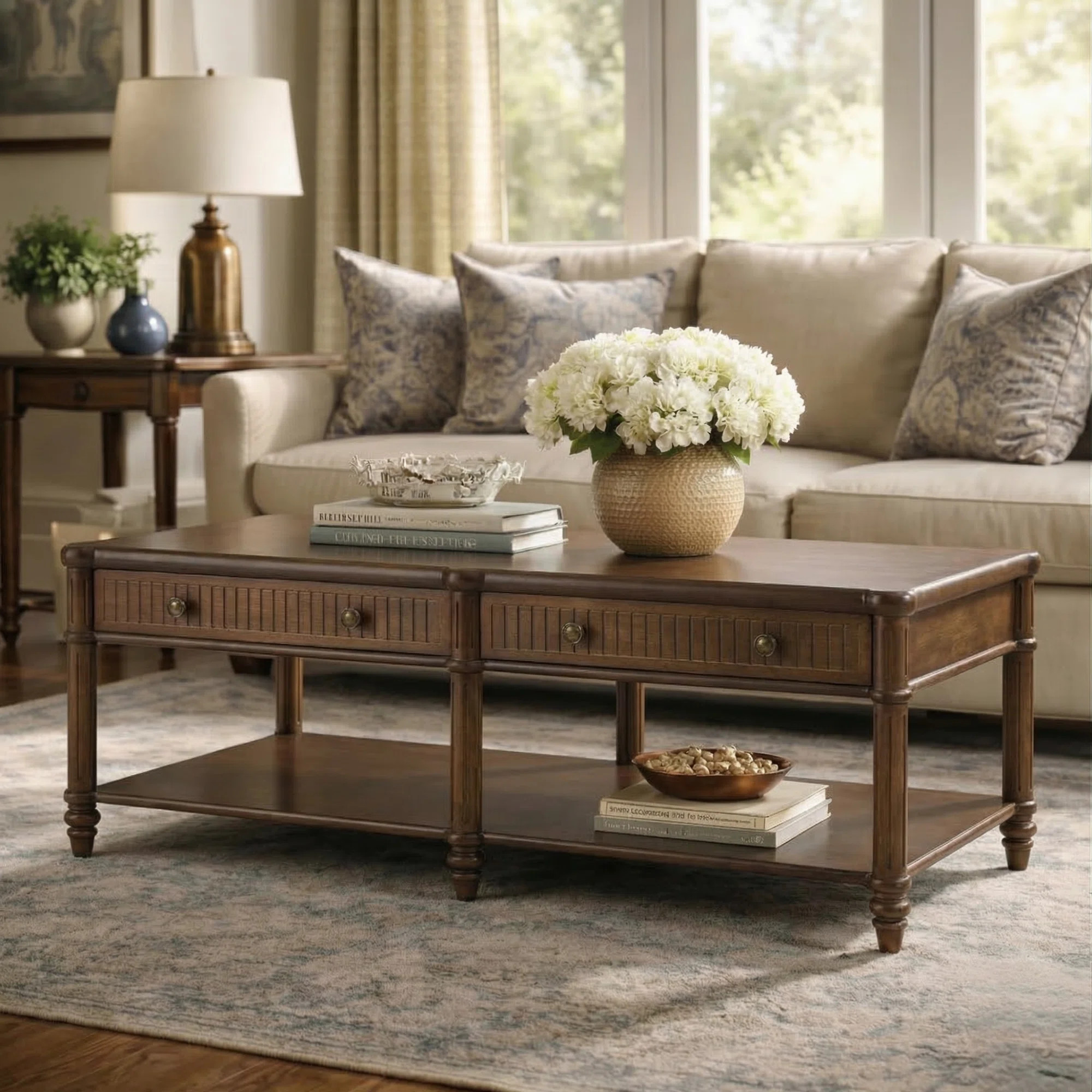 Derk Transitional 47"W Spindle Fluted Rectangular Storage Coffee Table with Solid Wood Drawers | Wayfair North America