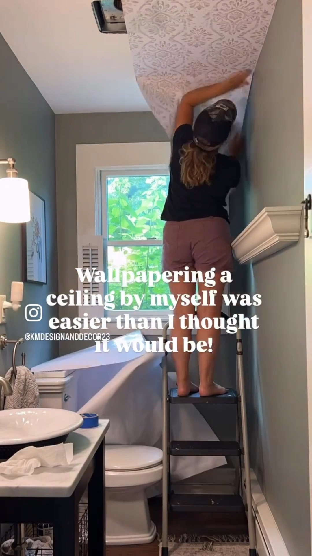 At 5'2" | really didn't think l'd be able to wallpaper a ceiling by myself! I planned to get everything set up for when my husband got home from work but then decided I might as well attempt it myself! No one was more shocked than I was that I was able to do it!
It helped that I had used
@paintedpapery wallpaper on a wall first so l was familiar with how it worked and how to install it. Wearing a hat also helped! My head was equally as useful in this install as my hands!
Love this unexpected
addition to our guest bathroom ceiling & super proud of myself for doing it 100% on my own!
Thinking of trying your hand at wallpapering? We used the Lillian peel & stick @paintedpapery Use our code  KARI15

#womenwhodiy #houseprojects #thisoldhouse #guestbathroom #bathroomwallpaper #Itkhome #refresh #bathroommakeover #powderbath #affordablemakeover #newenglandliving #beautifulhomes #bhghome

#LTKHome #LTKFamily #LTKStyleTip