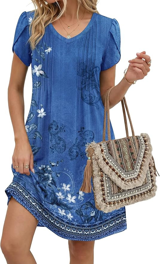 Zeagoo Summer Dresses for Women Casual A Line Dress 2026 V Neck Short Dresses Floral Sundress Ple... | Amazon (US)