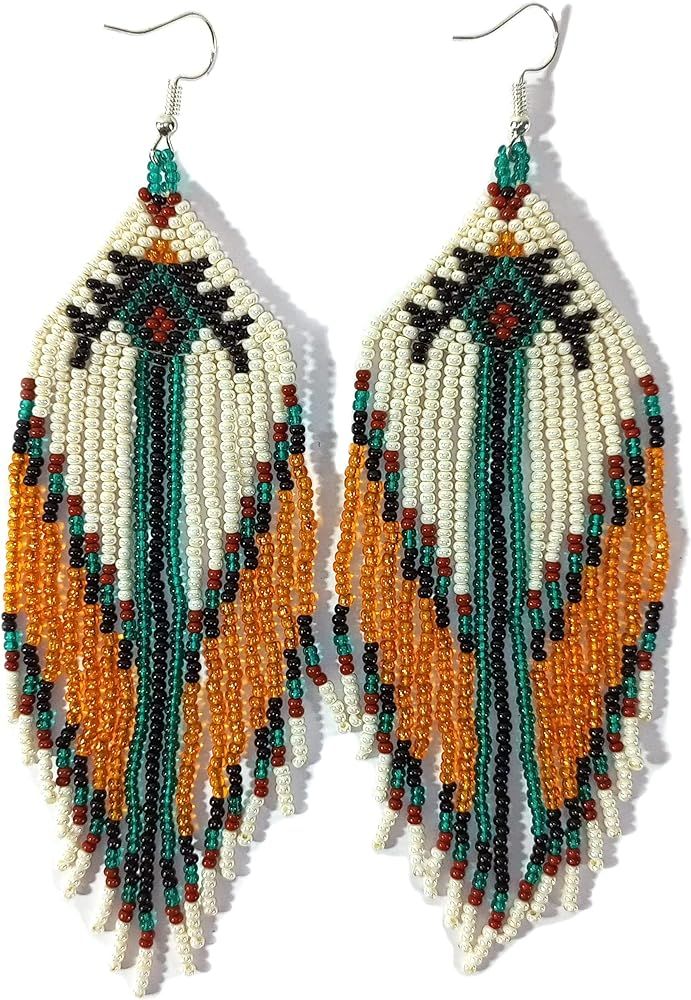 buybeaded Long Beaded Dangle Earrings – Boho Native Handmade Seed Bead Tassel Earrings, Bohemia... | Amazon (US)