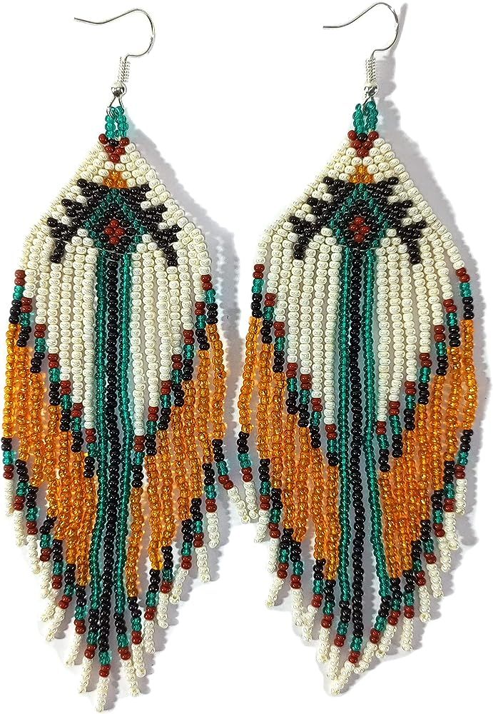 buybeaded Long Beaded Dangle Earrings – Boho Native Handmade Seed Bead Tassel Earrings, Bohemia... | Amazon (US)