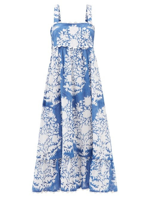 Juliet Dunn - Tie-back Printed Cotton Midi Dress - Womens - Blue Print | Matches (US)