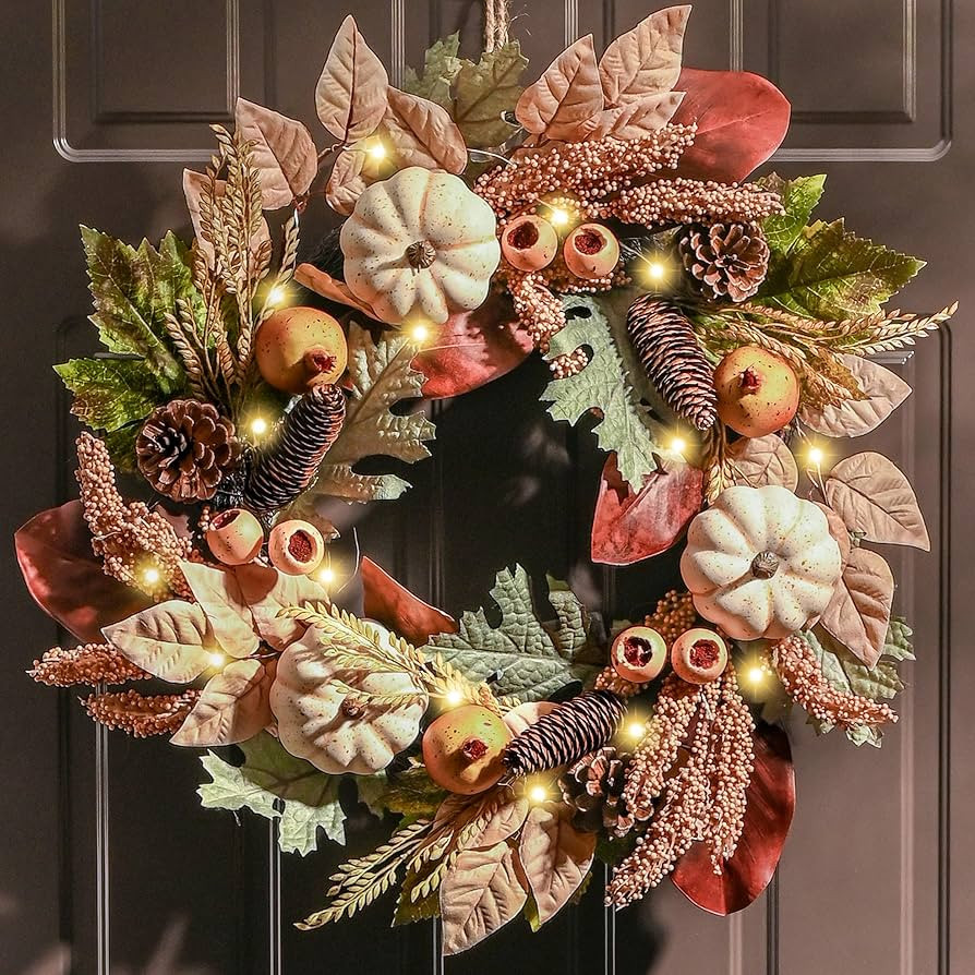 Valery Madelyn Fall Pumpkin Wreaths for Front Door, 20" Silk Maple Leaves Wreath with Lights for ... | Amazon (US)