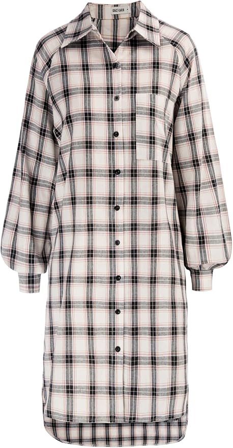 Women Oversized Check Plaid Long Sleeve Casual Button Down Shirts Blue Plaid S at Amazon Women’... | Amazon (US)