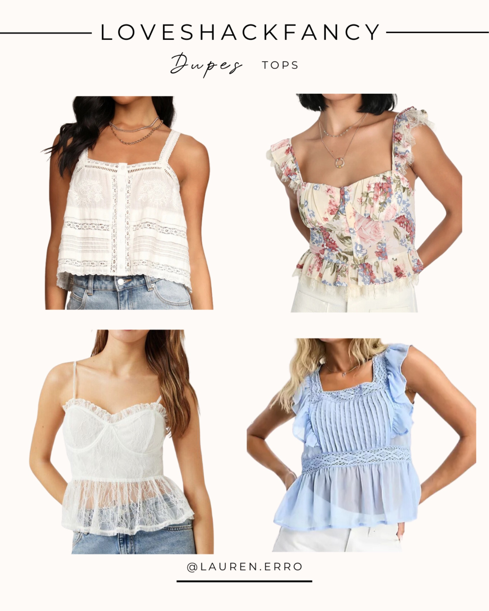 LoveShackFancy inspired tops!
.
.
.
Tank top, sleeveless, lace, ruffle, dupe, Amazon, forever 21, lulu’s, floral, blue, white

#LTKunder100 #LTKFind #LTKstyletip