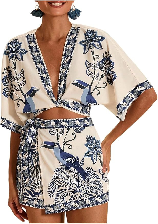 RoseSeek Women's 2 Piece Summer Skirt Sets Tropical Half Sleeve Top and Wrap Skirts Set Beach Vac... | Amazon (US)