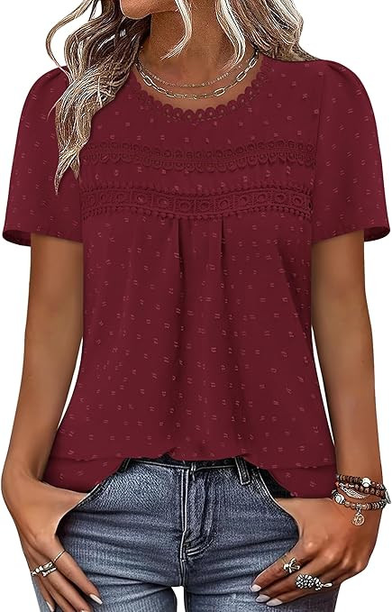 BETTE BOUTIK Summer Womens Short Sleeve Boho Tops Fashion Casual Crew Neck Shirts Swiss Dots Blou... | Amazon (US)