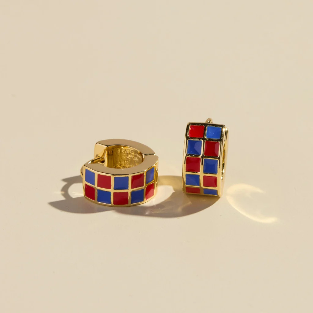 Red & Blue Checkered Enamel Huggies | Nickel and Suede
