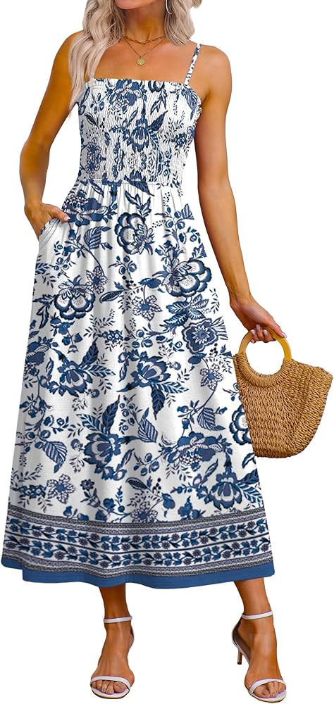 OFEEFAN Womens Spaghetti Strap Maxi Dresses Smocked with Pockets 2026 Summer Spring Casual Boho B... | Amazon (US)