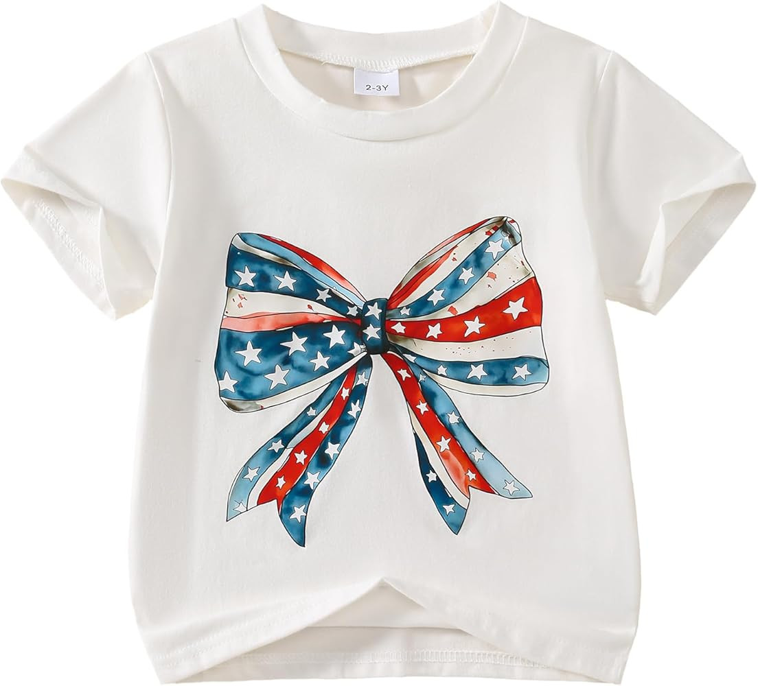 Toddler Girl 4th of July Outfit Big Bow Print T-Shirt Top American Flag Clothes 2-7Y | Amazon (US)