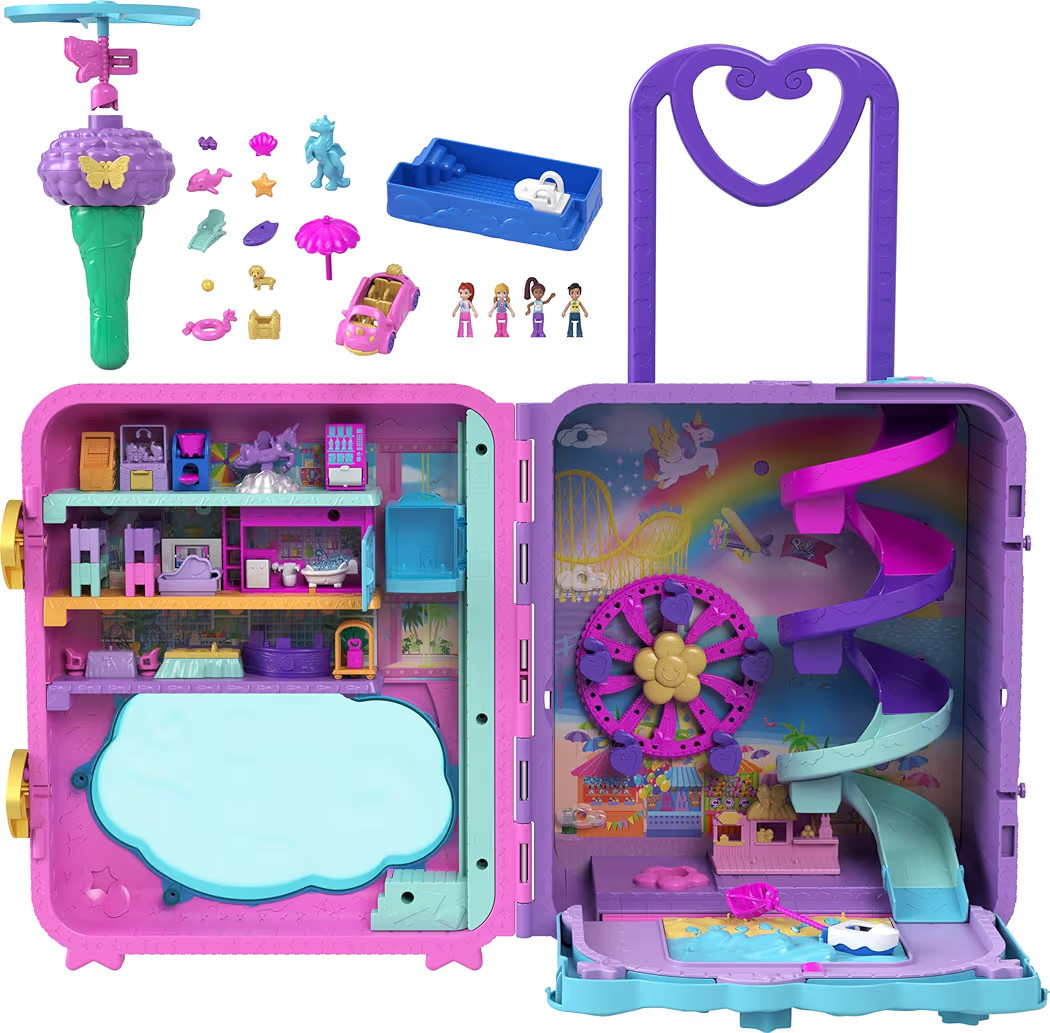 Polly Pocket Dolls, Playset and Travel Toys, 4 Dolls, 1 Vehicle, 25+ Accessories, Resort Roll Awa... | Amazon (US)