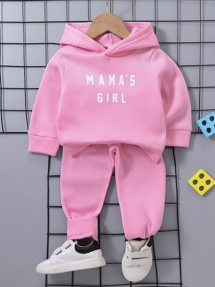 2pcs Baby Girls' Casual Letter Printed Sweatshirt And Sports Pants Set, Winter | SHEIN